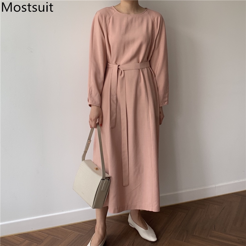 

Casual Korean Women Long Dress Full Sleeve O-neck Loose Fashion Lace-up Female Dresses Vestidos Femme Pink Blue 210518