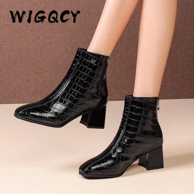 

Boots Sexy Women Autumn Winter Shoes Warm High Heels Ankle Patent Leather Booties Woman Square Toe Wedding Party, Black