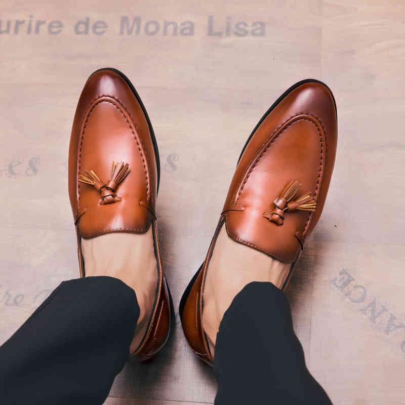 

Dress Shoes England men pointed toe California Autumn soft leather platform Tassel For Wedding MB76, Black