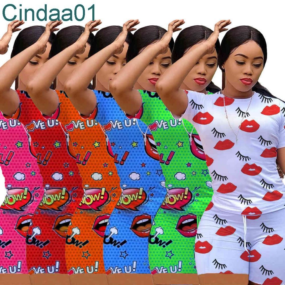 

Women Tracksuit Two Piece Set Designer Lips Printed Casual Short T Shirt Shorts Outfits Summer Club Lady Casual Sports Suit 6 Colours, Rose pink