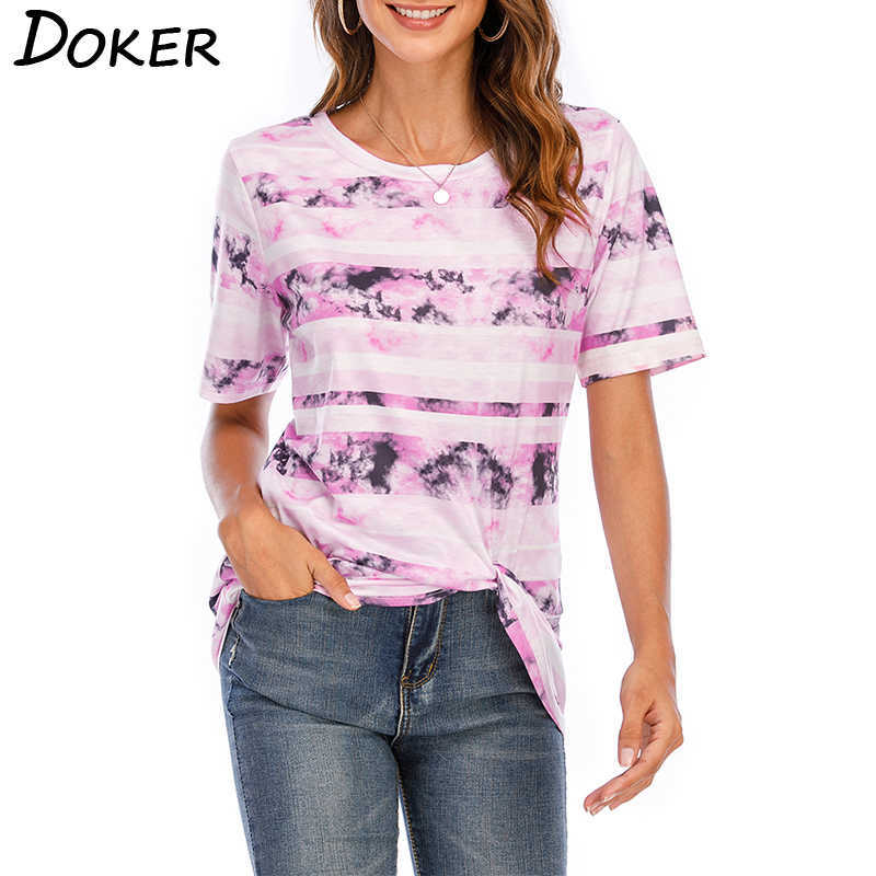 

Women Summer Stripe Tie-dye Print Knotted T Shirt Female Casual Loose O Neck Streetwear Tops Femme Blouse 210604, Pink