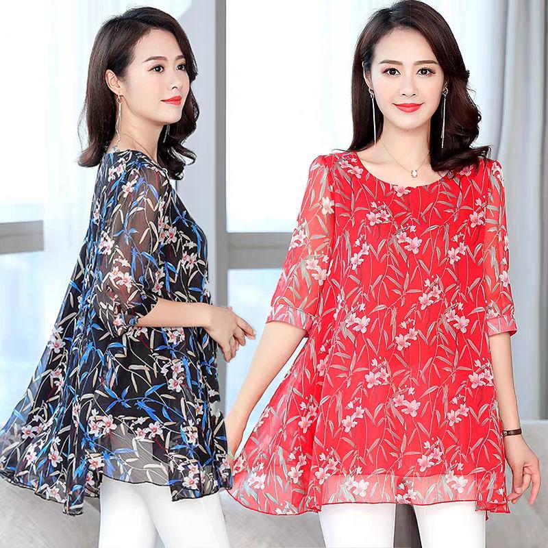 

Women's Blouses & Shirts Long O Neck Blusas Loose Plus Size 6XL Printed Summer Mother Middle-aged Blouse Chiffon Short-Sleeved Women Top, White