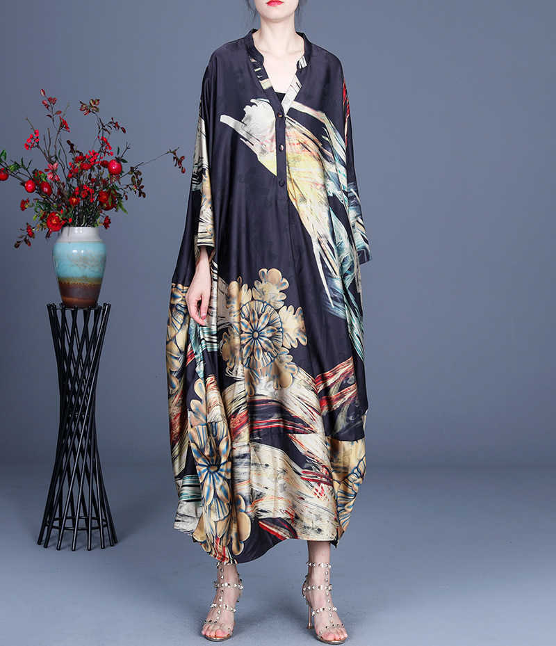 

Spring and Summer Fashion Products Comfortable Loose Women's Dress Elegant Retro Printing Stitching V-neck Women 210615, Black