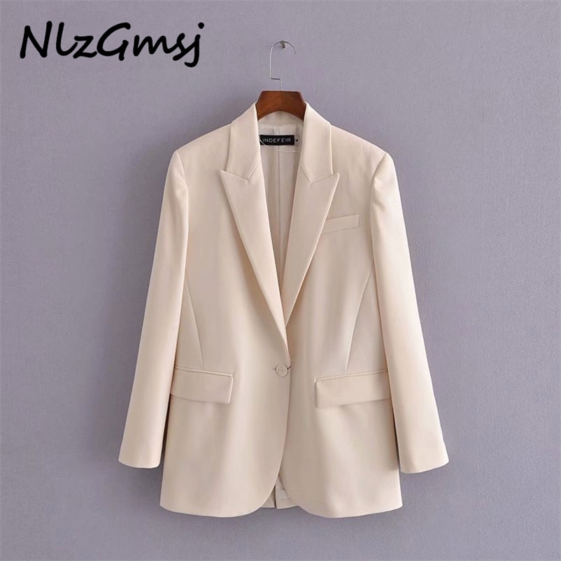 

Blazer Women One Buttons Beige Coat Vintage Notched Collar Pocket Fashion Female Casual Chic Tops 03 210628, As picture