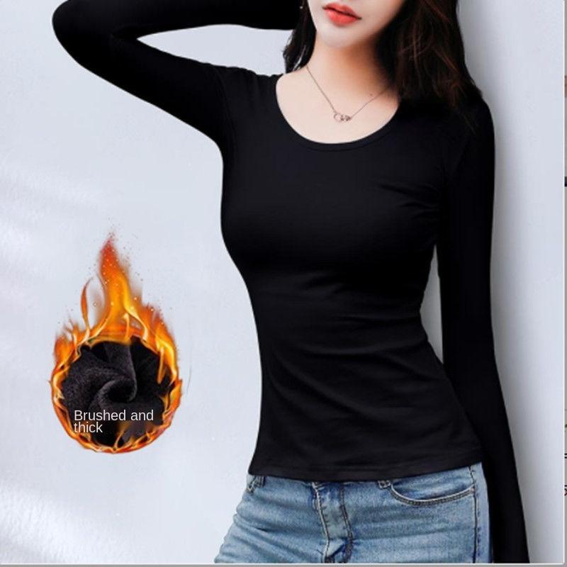 

Women's T-Shirt 2021 Autumn And Winter Long-sleeved Bottoming Shirt Round Neck V-neck Plus Velvet Thick Solid Color Top