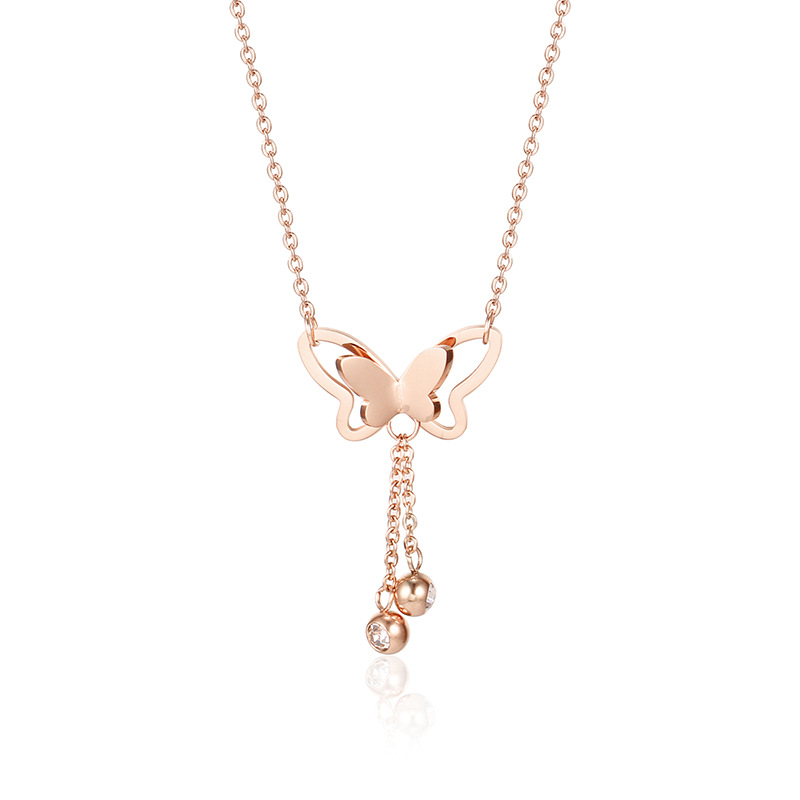 

High Quality Rose Gold Stainless Steel Cute Butterfly Pendant Necklace with Tassel