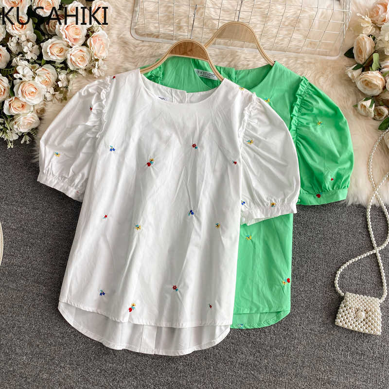 

KUSAHIKI Embroideried O-neck Puff Sleeve Women Blouse Causal Summer Korean Sweet Blusas Shirt Camisas Mujer 6J212 210602, White