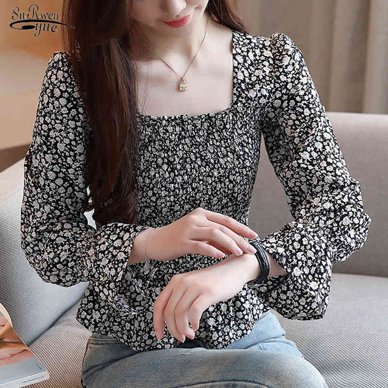 

Autumn Floral Flare Sleeve Chiffon Blouse Women Office Korean Print Pullover Women Shirt Plus Size Clothing Blusas 10519 210518, Picture
