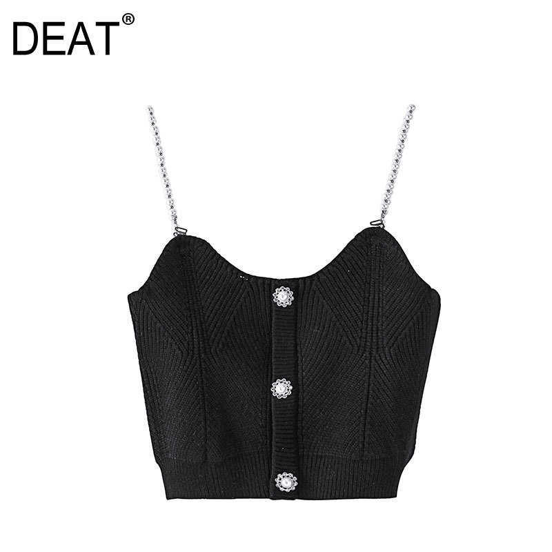 

[DEAT] Spring Summer Black Single-breasted Chain Sling Backless Solid Color Knitting Women Tank Tops Fashion 13C459 210527
