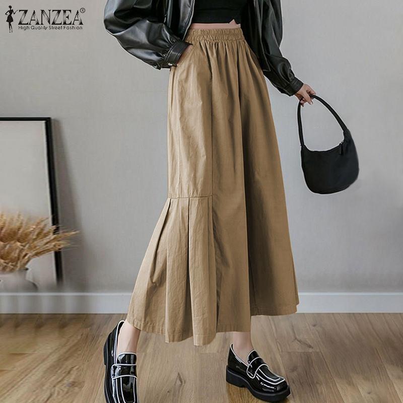 

Women Elastic Waist Wide Leg Trousers 2021 ZANZEA Ladies Flare Pants Capris Autumn Patchwork Pantalon Solid Palazzo Plus Size Women's, Black;white