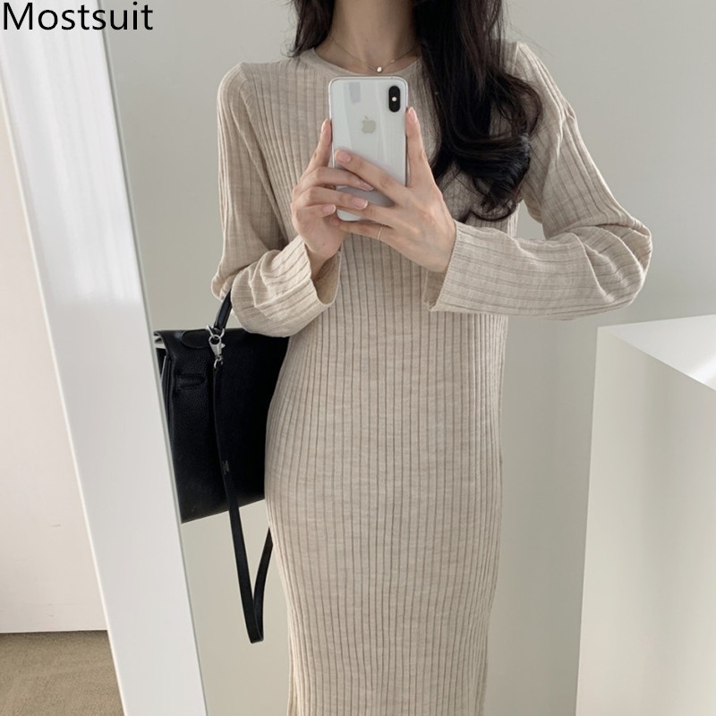 

Elegant O-neck Basic Stretched Women Knitted Dress Long Sleeve Female Sweater Dresses Autumn Winter Fashion Ladies Vestidos 210518, Khaki