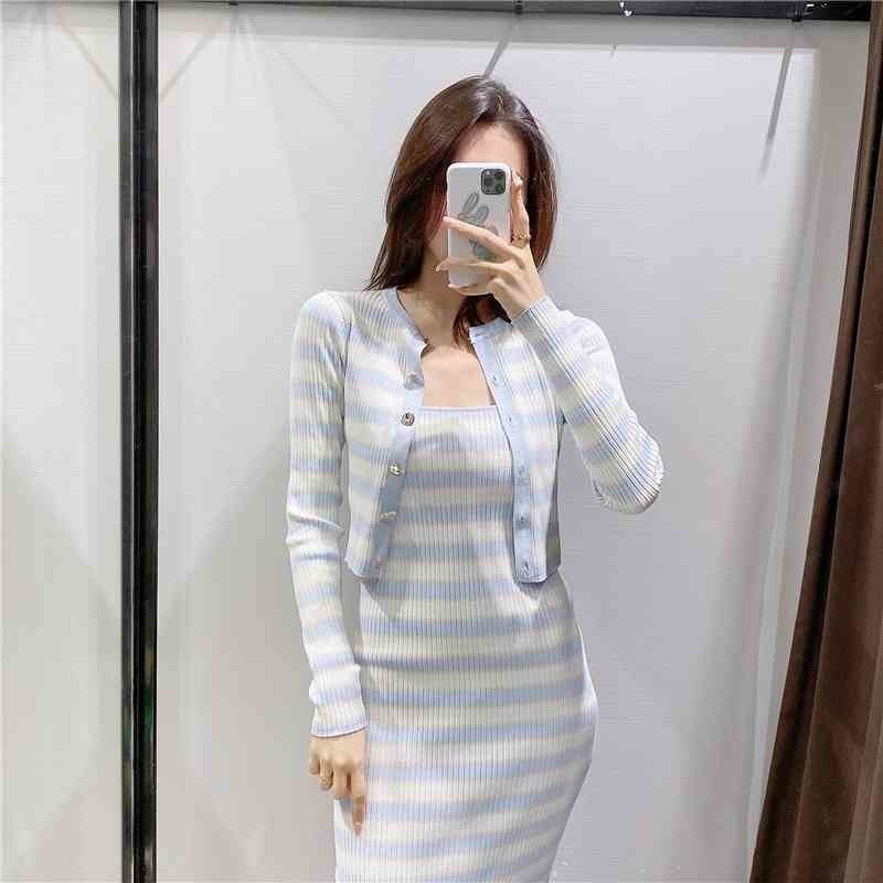 

Buttoned Striped Knit Cardigan Jacket Two-piece dress 210525