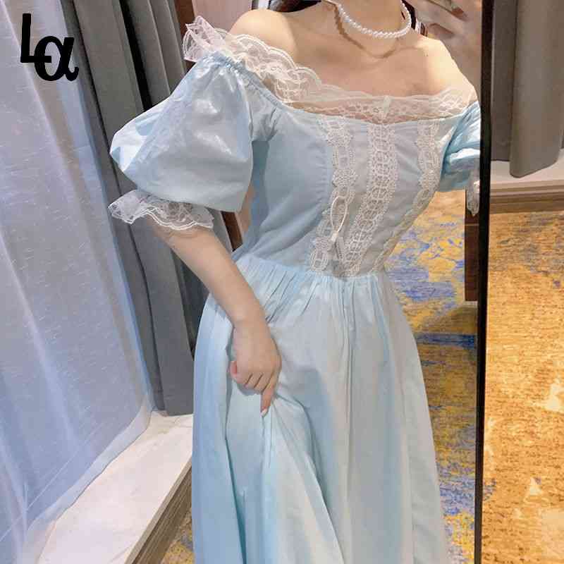 

Women Elegant Solid Lace Ruffles Slim Dress Romantic Fairy Party Summer Gentle Sweet Lolita Style Princess Vestidos 210519, Blue