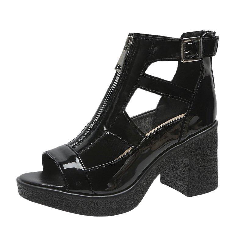 

Sandals Luxury Women Square High Heeled Peep Toe Gladiator Sandalias Patent Leather Summer Heightening Platform Elegant Shoes, Black
