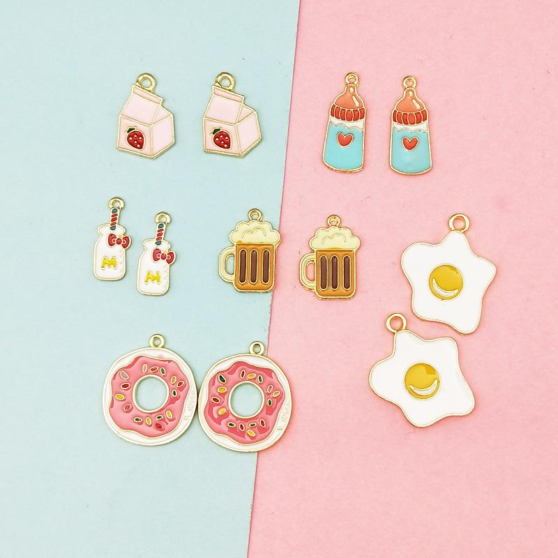 

Charms 10 Pcs Set Donut Fried Egg Milk Bottle Enamel Charm Fashion Jewelry Earrings Bracelet Floating DIY, Bronze;silver