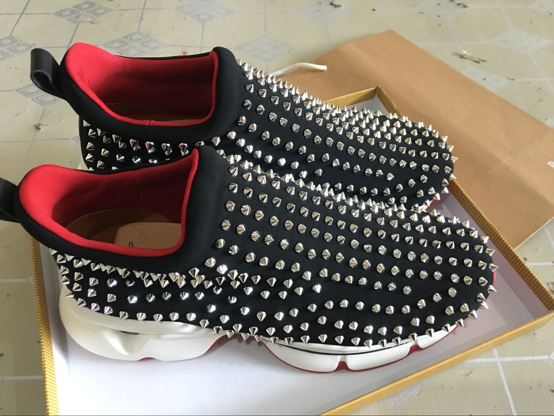 

BLack Krystal Spike Sock Donna Flat Men Casual Sneakers Designer Mens Red Bottoms Shoes Womens Rivet Spiky Sock Junior Spikes Flat Shoes