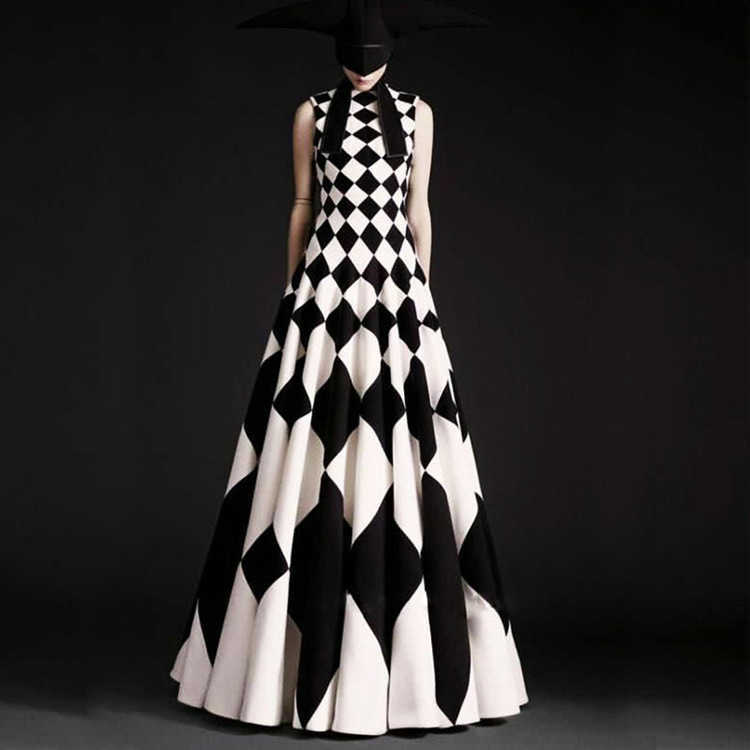 

Spring and Summer Fashion Simple Style Diamond Plaid Big Swing Dress Elegant Temperament Sleeveless Female 210615, Picture color