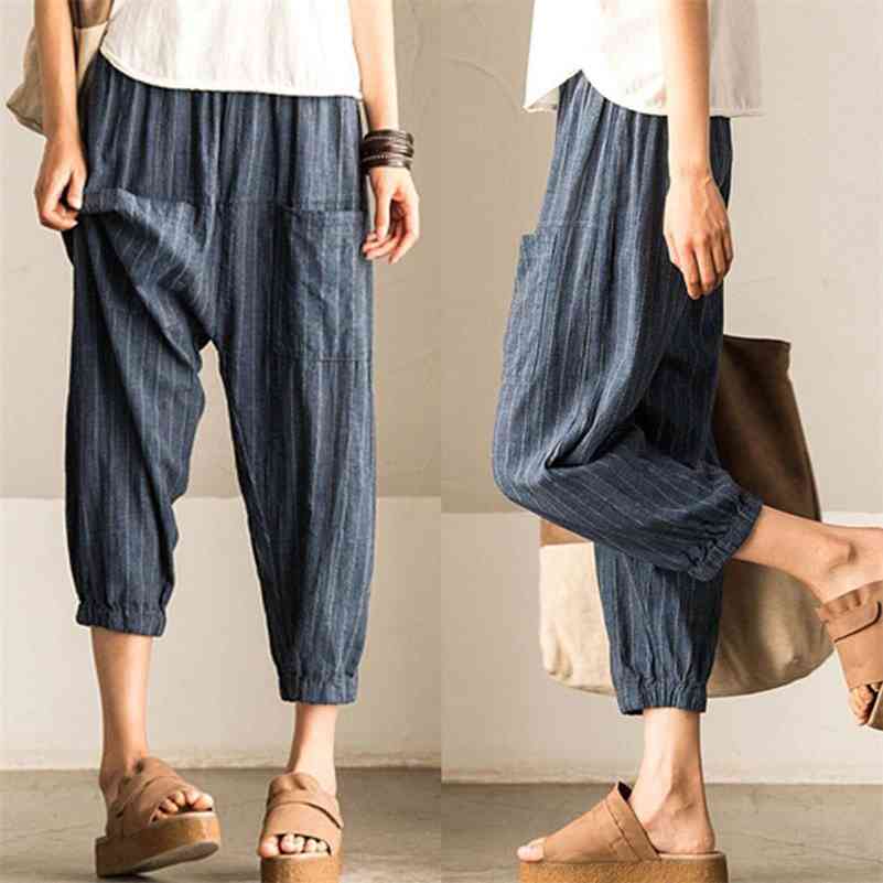 

Women Casual Vintage High Elastic Waist Pockets Striped Baggy Harem Pants Turnip Trousers Work OL Wide Leg Pantalon 210518, Navy