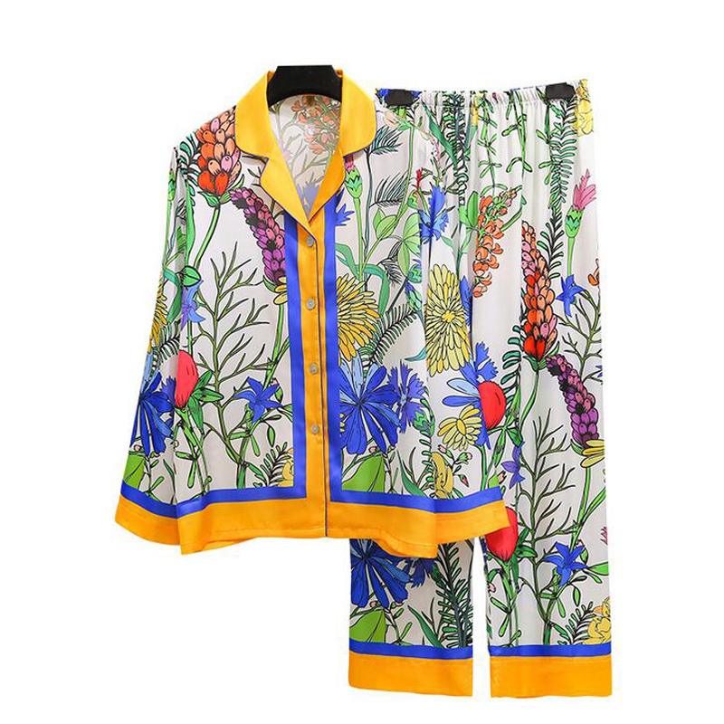

Women Silk Pajamas Spring Summer Ladies Long Sleeve Trousers Designer Tropical Rainforest Plant Pattern Sleepwear Set Turn-down Collar Home Clothing Two-piece Suit, Multi