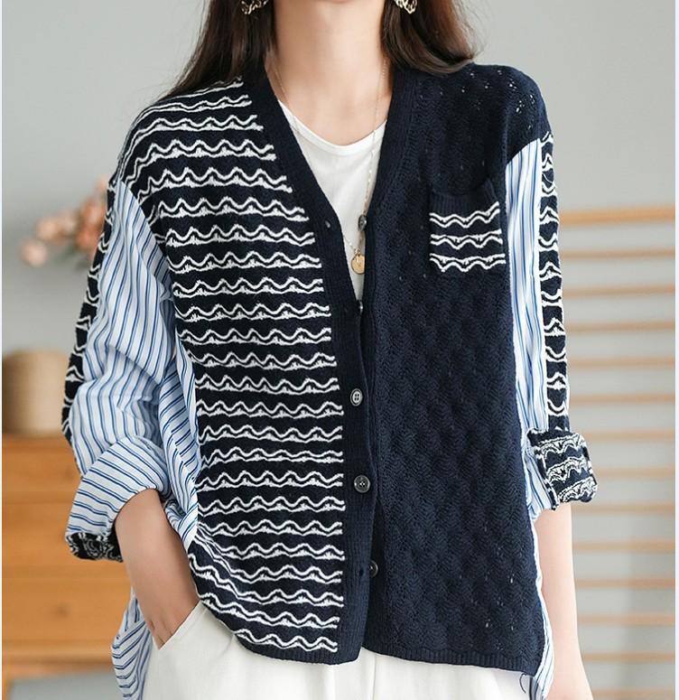 

Women's Knits & Tees Korean Autumn Casual Women Shirt Knitted Fake Two-piece Wave Pattern Hollow Tops Jacket Female Fashion Patching Sweater, White
