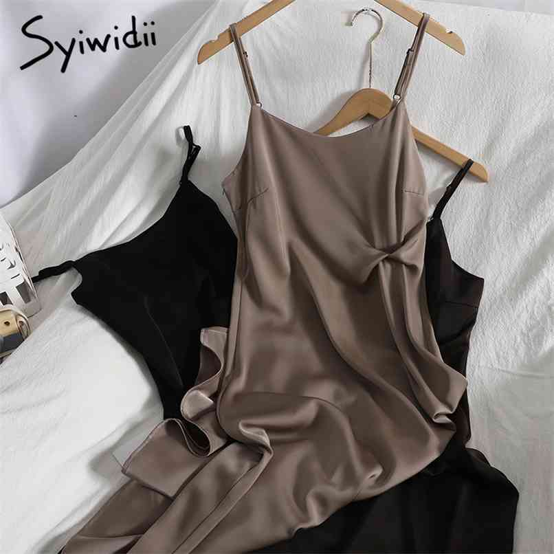

Fashion High Waist Spaghetti Strap Dresses Women Sleeveless Zipper A-line Solid Black Tank Tops Clothes Summer 210607, Coffee