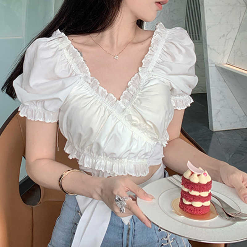 

Sexy Solid Color Hong Kong Short Bandage V Neck Sleeve Summer Top's Slim Top Sky Blue T Shirt Tshirt X8IV 210603, White