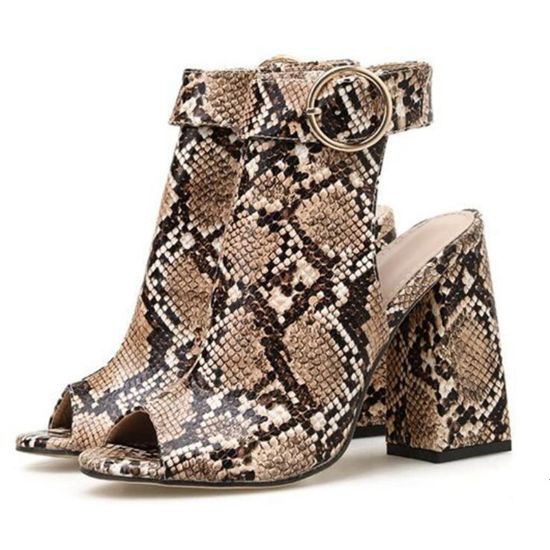

Sandals Summer Buckle Strap Ankle Boots Roman Woman Gladiator Sexy Snake Print Peep Toe Square Heels Ladies Shoes EQRD, Brown