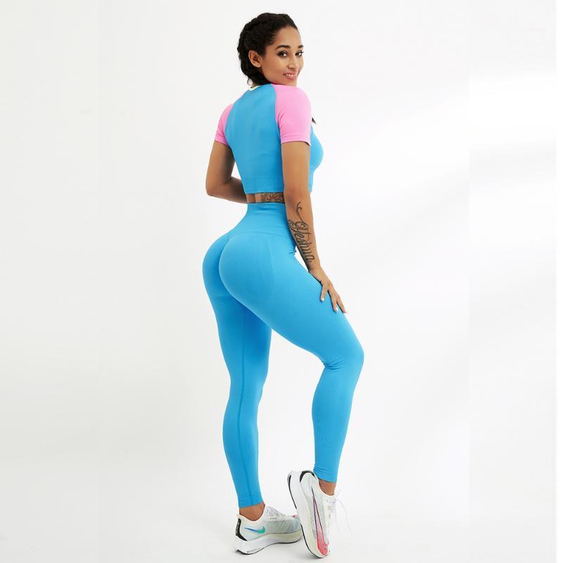 

Yoga Outfit Scrunch Leggings Set For Gym Workout Clothes Women Sportwear Short Sleeve Suit Fitness Women's Sport Wear, Rose red