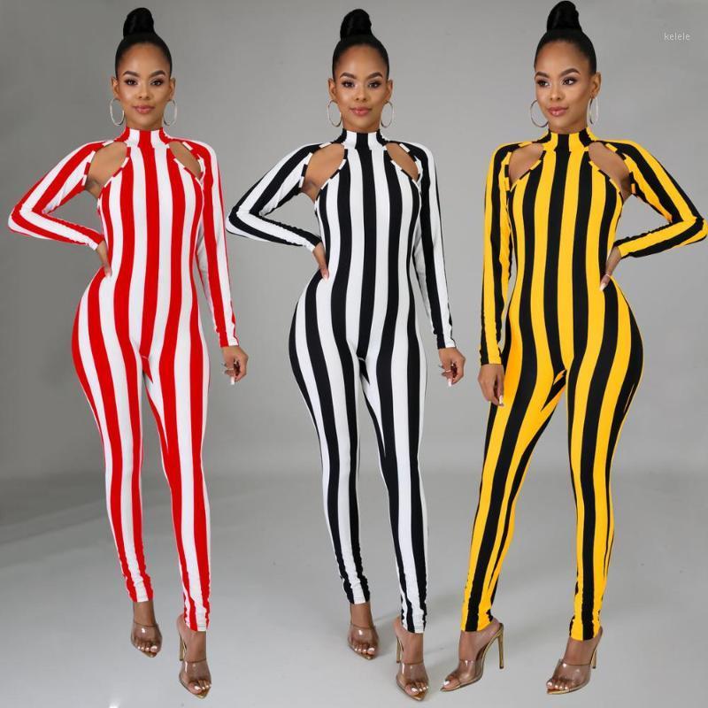 

Women's Jumpsuits & Rompers Elegant Sexy Women Jumpsuit Femme Bodycon Hollow Out Fashion Playsuit Striped Bodysuit Streetwear, Black;white