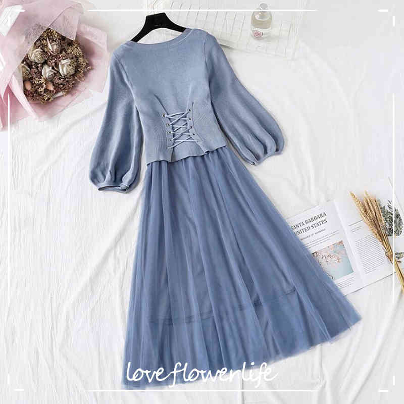 

Women Knit Dress Spring Autumn O-Neck Puff Sleeve Knitted Tops+ Sling Mesh Two-piece Dresses Female Elegant Party Dress Vestidos 210521, Beige