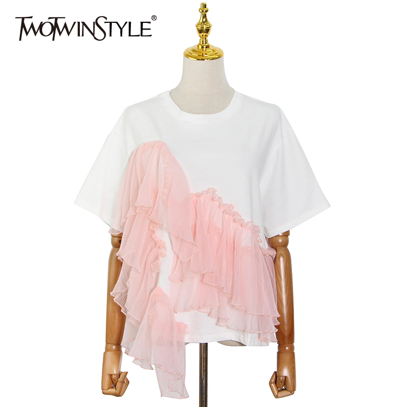 

TWOWINSYLE Pink Shirt For Women O Neck Short Sleeve Patchwork Mesh Hit Color Plus Size Straight Shirts Female Clothes 210524, Black