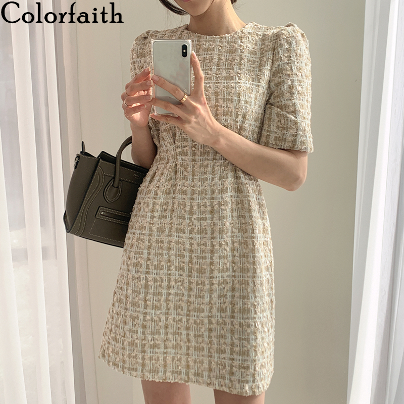 

Colorfaith New 2021 Womens Summer Dresses Fashionable High Waist Puff Sleeve Plaid Elegant Checkered Vintage Mini Dress DR2152, Beige