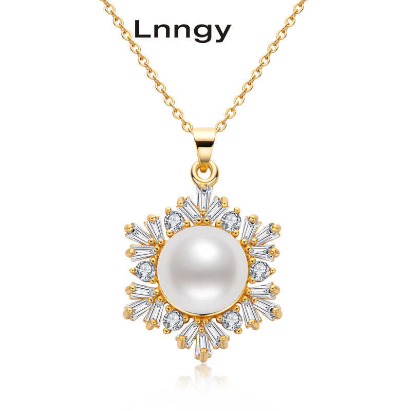 

Lnngy 14K Gold Filled Snowflake Chain 10-10.5mm Natural Freshwater Pearl Pendant Necklace Women Engagement Jewelry Gift