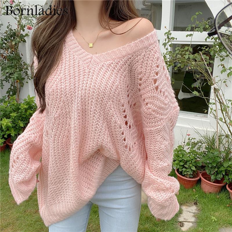 

Women's Sweaters Bornladies 2022 Autumn Winter Loose Hollow Out Pullover Basic Warm Sweater Women Korean Kniited V Neck Oversized Pull, White;black