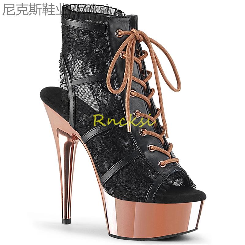 

Boots Rncksi 15cm Low Boot Lace Mesh Runway Sandals Sexy Dress With Shoes, Black
