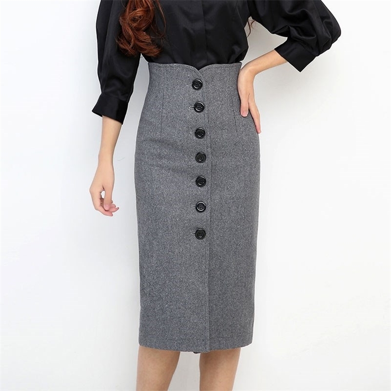 

High waist bag hip skirt woolen autumn and winter breasted Casual Knee-Length Polyester Solid 210603, Black