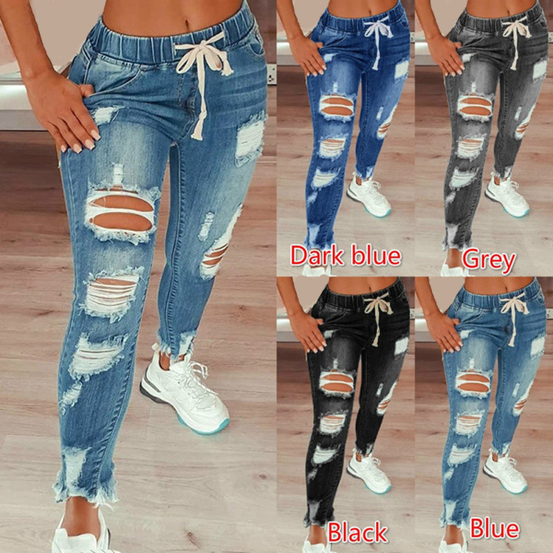 

Women Drawstring Denim Jeans 2021 New Fashion Ripped Hole Stretch Ladies Jean Pants Casual Plus Size Pencil Pants Trousers, Wkz011-black