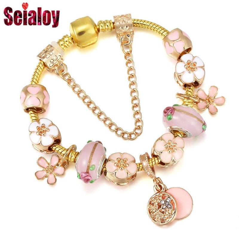 

Charm Bracelets Seialoy Gold Round For Women Men Original Pink Glass Dragonfly Flower Heart Beaded Bracelet Bangle Jewelry Gift