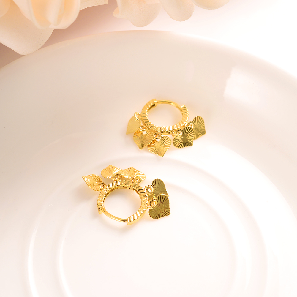 9 k fine Real Yellow Gold Dangle & Chandelier 5 Heart drop Earrings Women/Girl,Love Trendy fashion Jewelry Middle Eastern kids children-image-678681013
