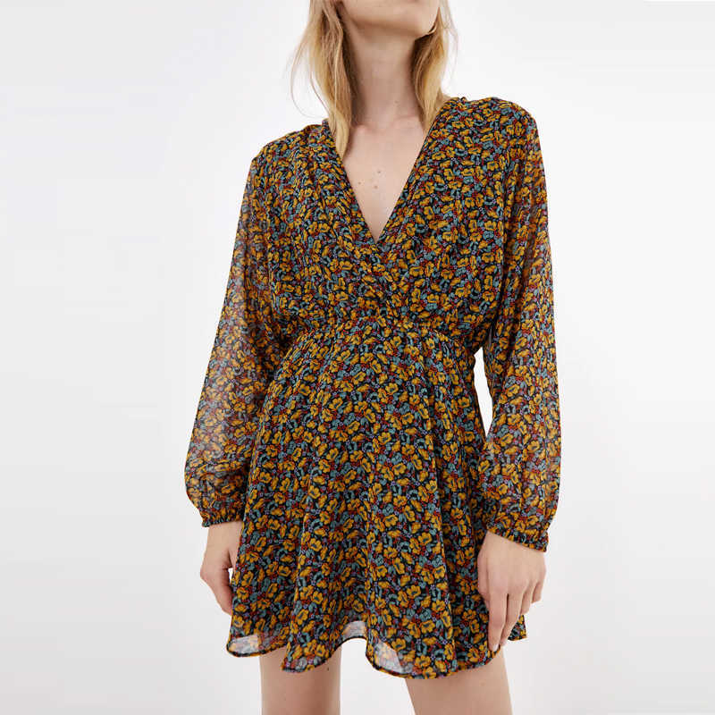 

Za Long Sleeve Floral Print Short Dress Women V Neck Surplice Elegant Office Dresses Woman Fashion Elastic Waist Mini Dress 210602, As picture