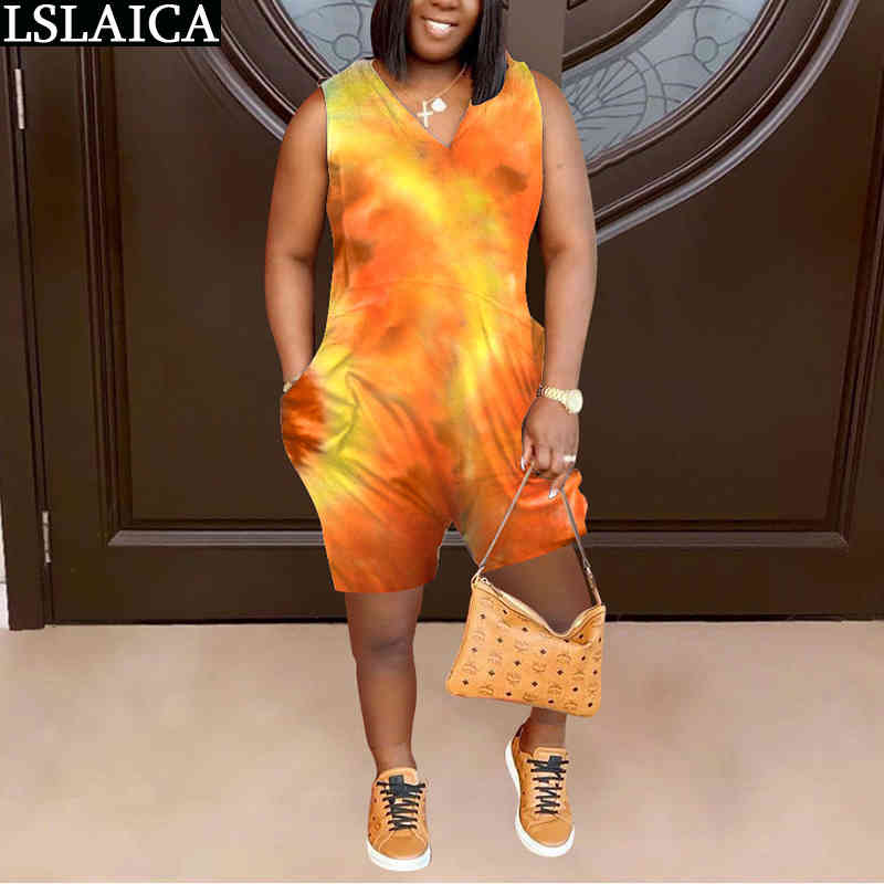 

Plus Size Fitness Jumpsuit Sleeveless VNeck Pockets Tie-dye Print Loose Ladies Jumpsuits Summer Fashion Casual Streetwear Romper 210520, Orange