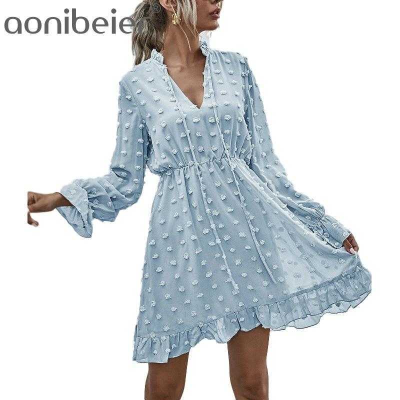 

Casual Beach Holiday Flocked Polka Dot Mini Dres Tied V-Neck Puff Sleeve High Waist Ruffles Chiffon 210604, Green