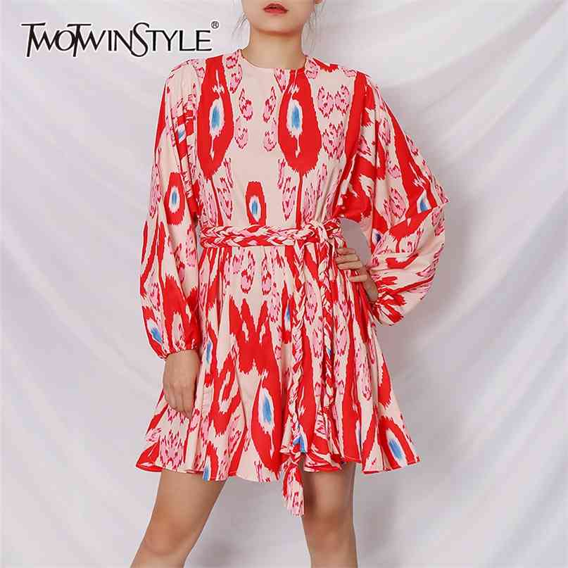 

Patchwork Print Hit Color Women' Dress O Neck Long Sleeve High Waist Lace Up Bowknot Dresses Female Fall 210520, Print4