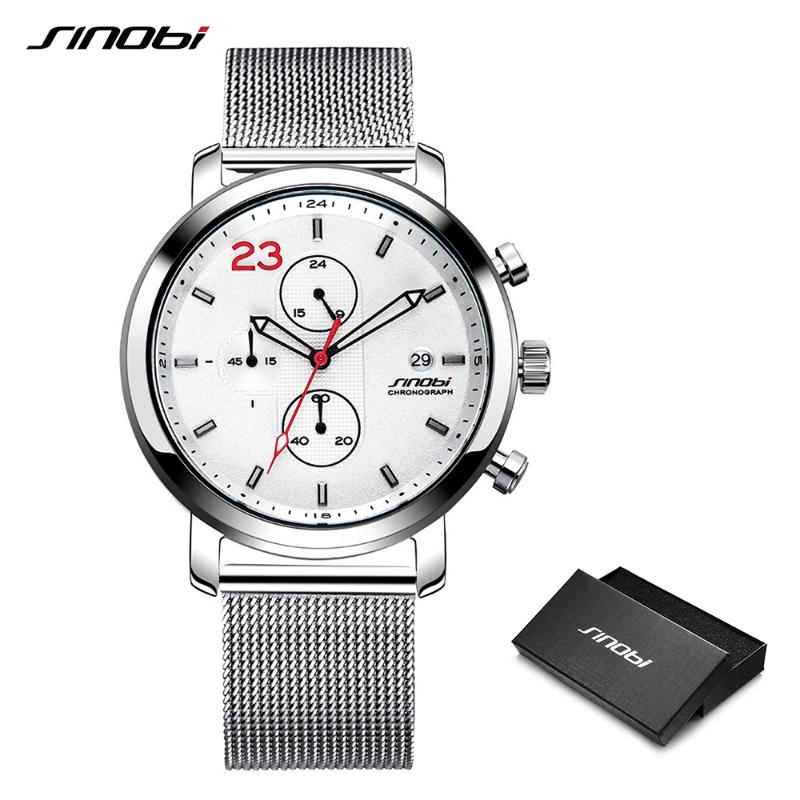 

Sinobi Chronograph Men Watch Casual Sport Wristwatch Calendar Milan Mesh Stainless Steel High Quality Quartz Watches Men's Gift Wristwatches, Silver red