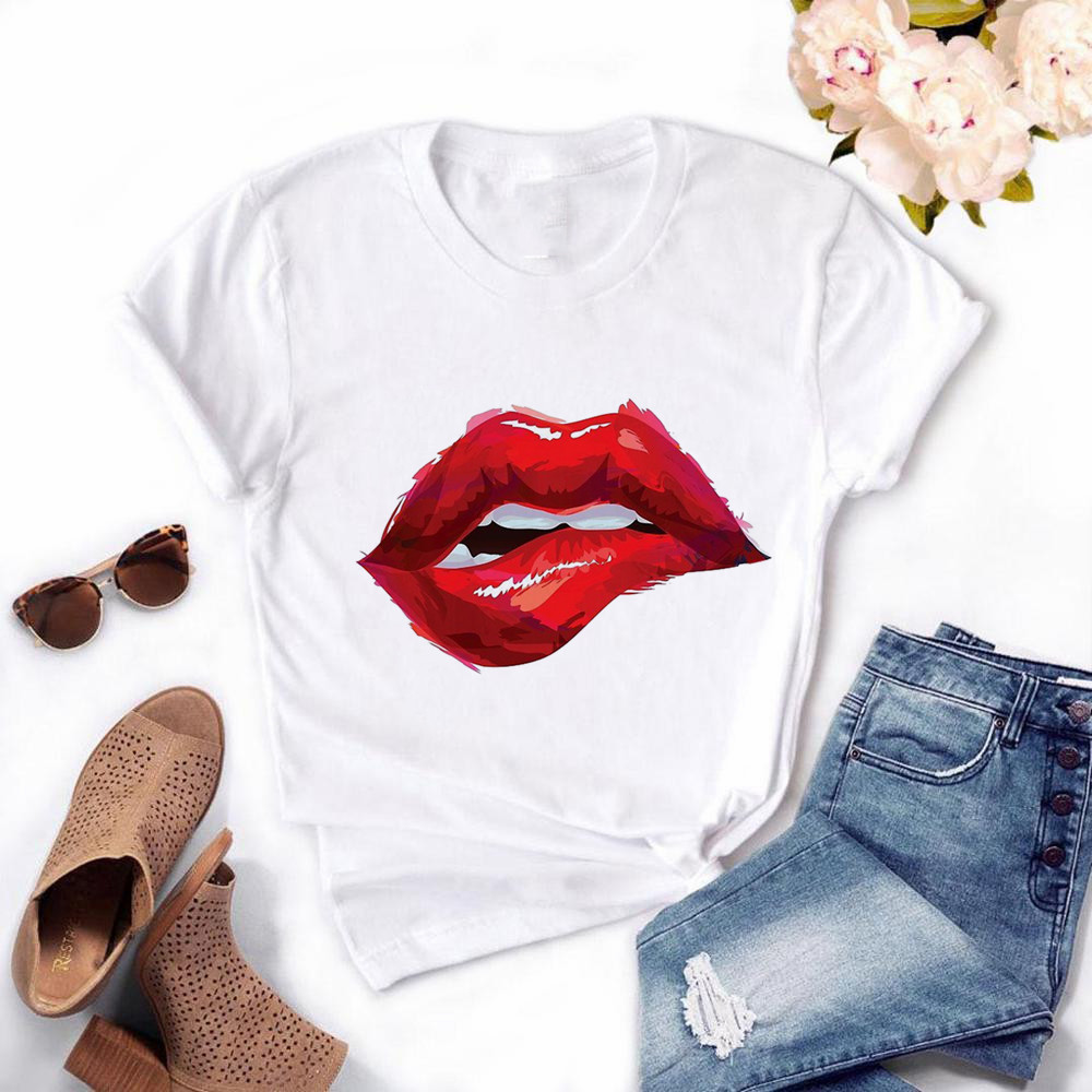 

Sexy Lips Design Women Summer T Shirt Tops White Womens Cute Short Sleeves Clothes Girls Mouth Printed Tees Size S-3XL