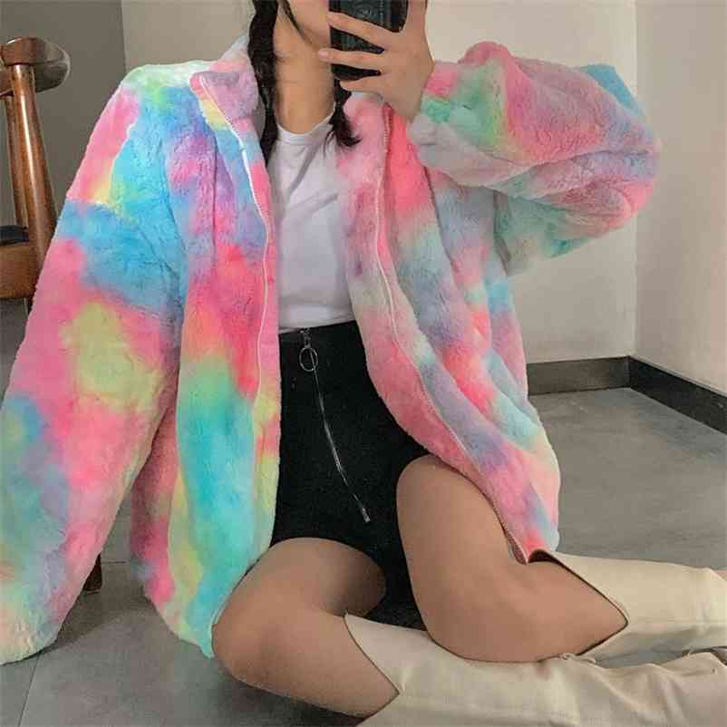 

Women Fashion Tie Die Faux Fur Coat Lady Autumn Zipper Thick Warm Streetwear Female Soft Shaggy Oversize Jackets 210517, Pink