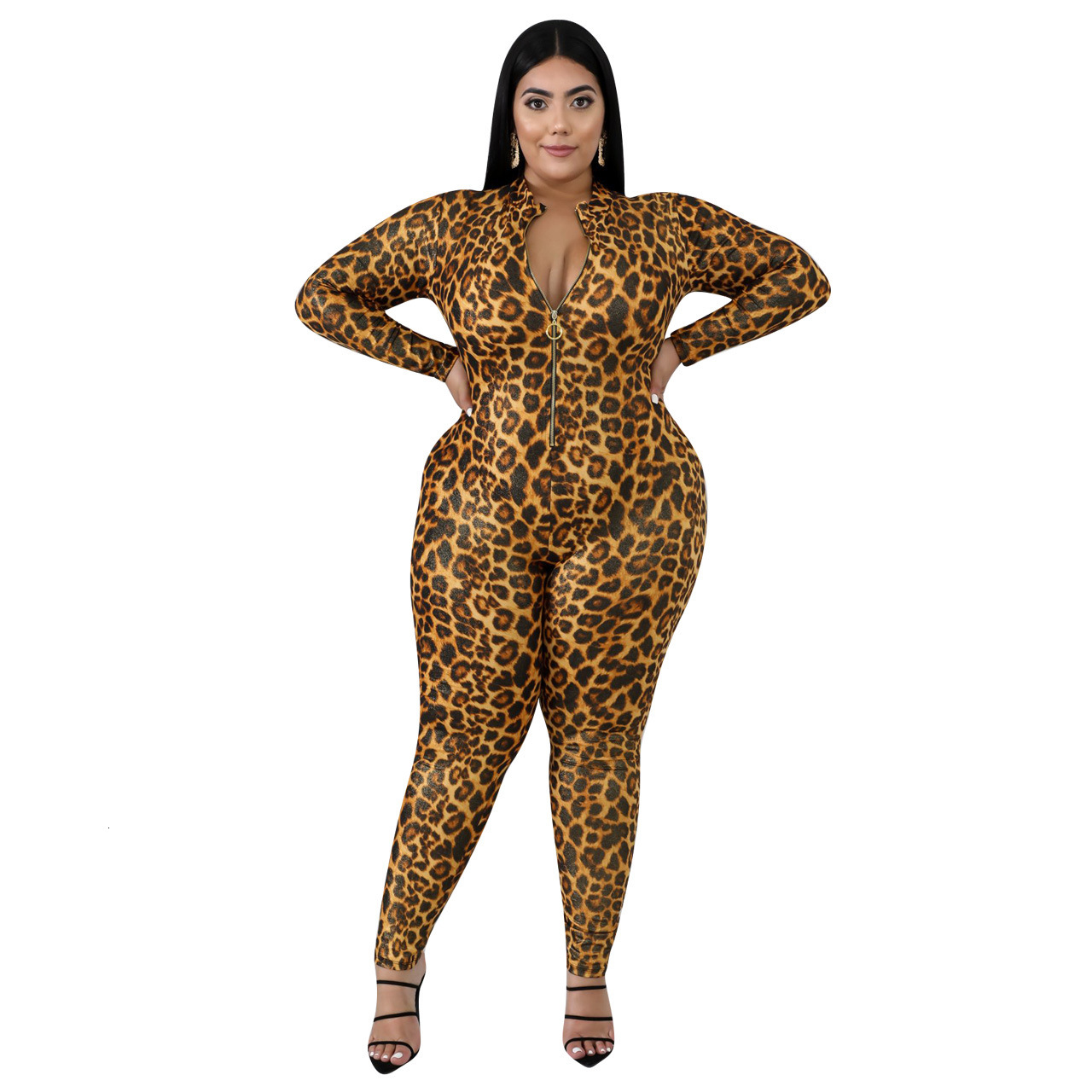 Leopard Printing Plus Size Women XL-4XL Zipper V Neck Long Sleeves ny Nightclub Party Jumpsuits Pants Spring Autumn-image-682565237