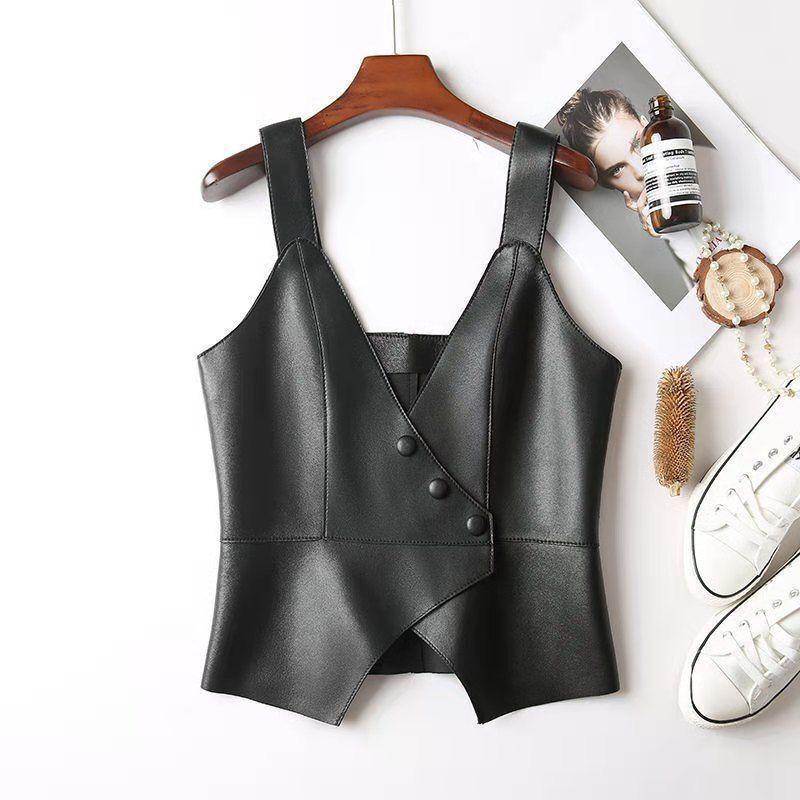 

Women' Vests Women 2021 Spring Autumn Casual PU Leather Short Vest Female Ruffles Solid Button Sleeveless Waistcoat Ladies Elegant, Black