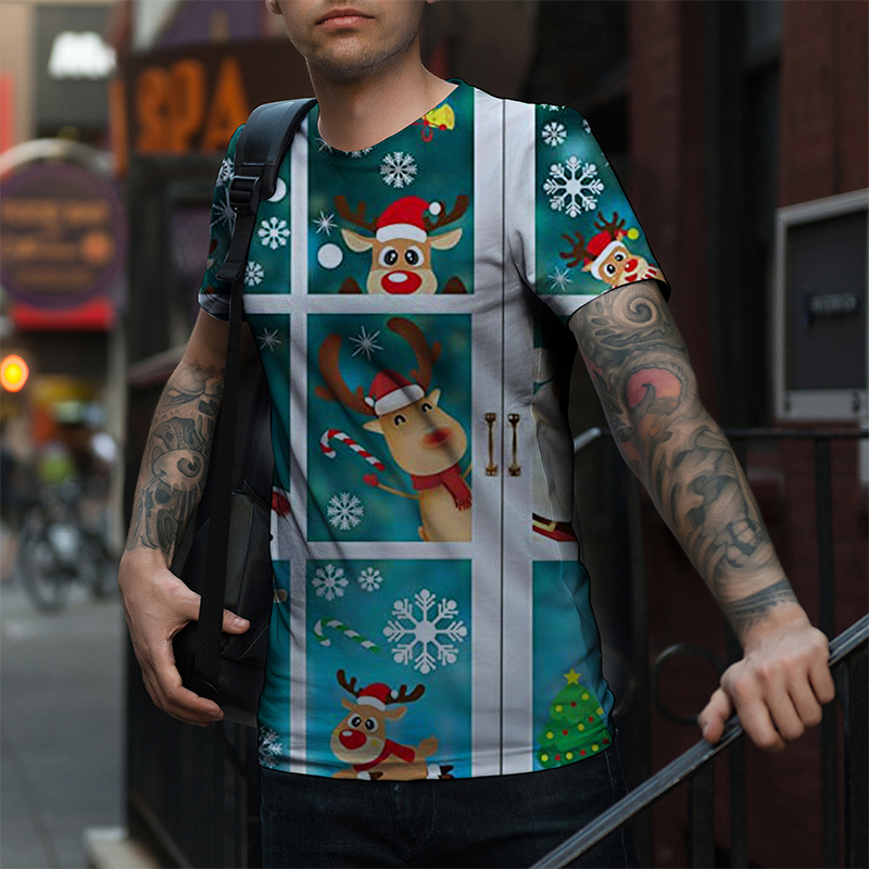 

Harajuku Men's Digital Elk Christmas Style Fashion Short Sleeve Casual Breathable Street Shooting Party Travel Holiday, White;black