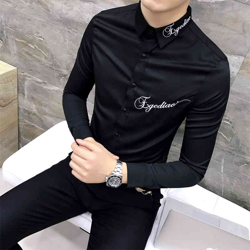 

men's casual shirts quality camiseta masculina slim fit long sleeve dress shirt men embroidery letter black white mens social 3xl-, White;black